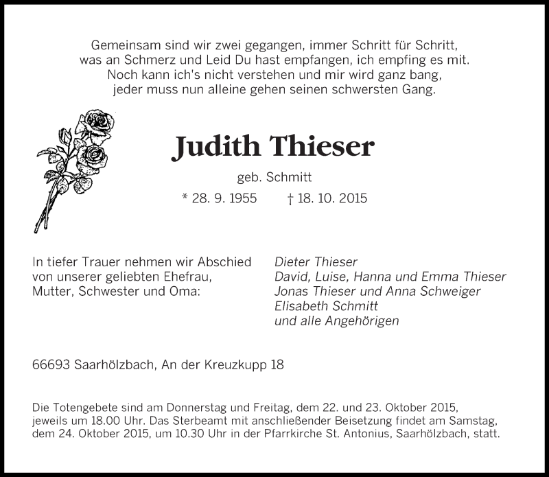 Traueranzeige für Judith Thieser vom 21.10.2015 aus saarbruecker_zeitung