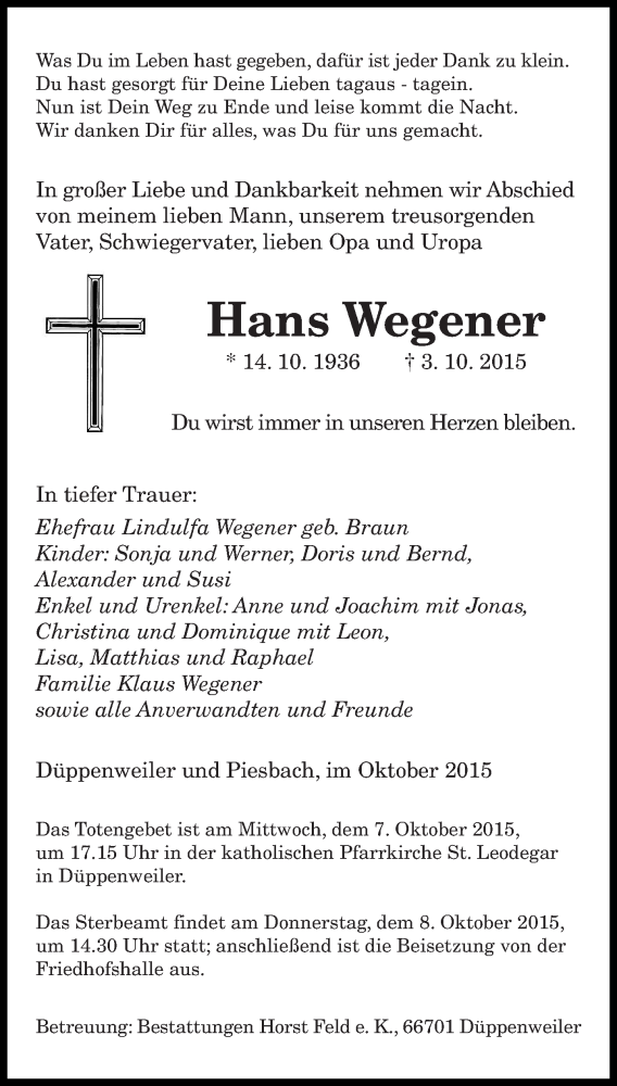  Traueranzeige für Hans Wegener vom 06.10.2015 aus saarbruecker_zeitung