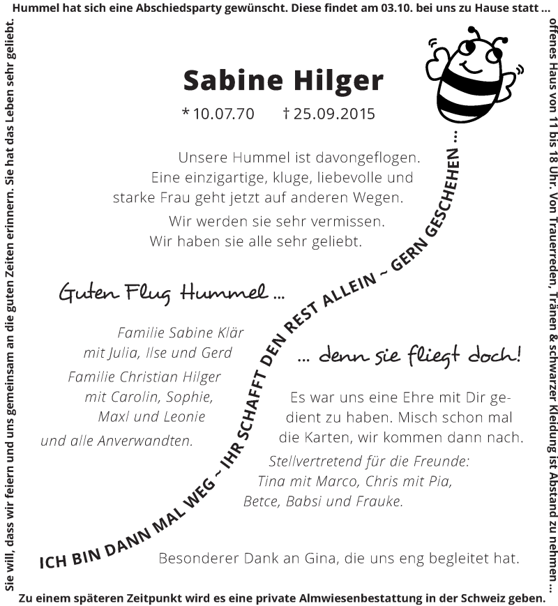  Traueranzeige für Sabine Hilger vom 30.09.2015 aus saarbruecker_zeitung