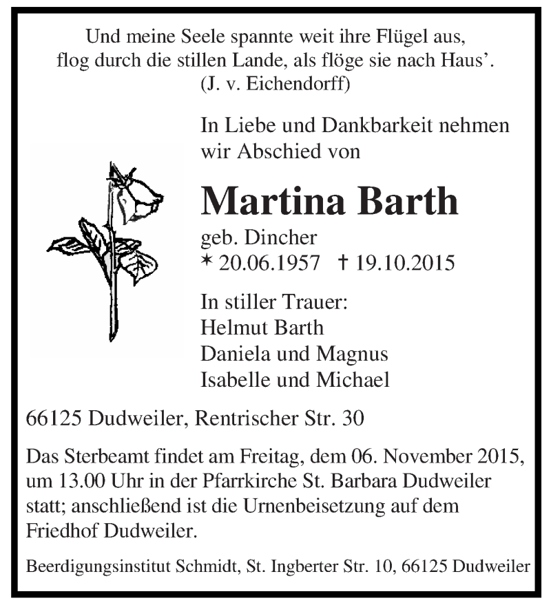  Traueranzeige für Martina Barth vom 24.10.2015 aus saarbruecker_zeitung