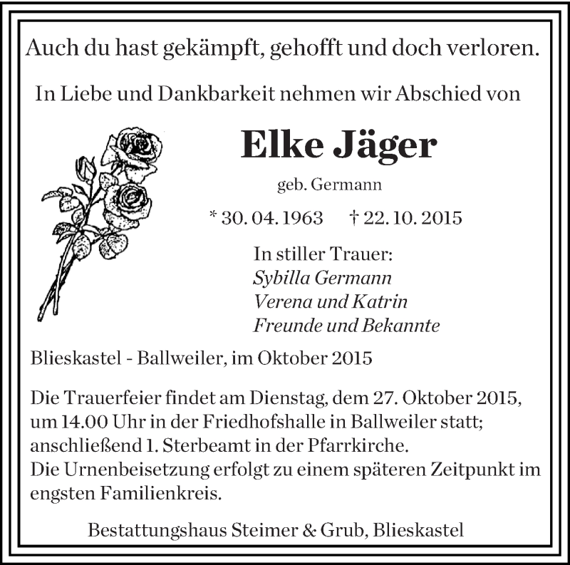  Traueranzeige für Elke Jäger vom 26.10.2015 aus saarbruecker_zeitung