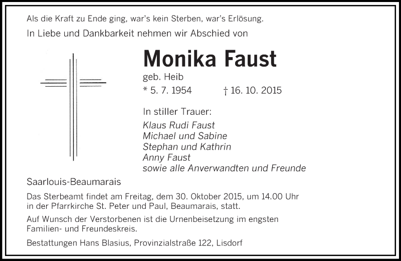  Traueranzeige für Monika Faust vom 24.10.2015 aus saarbruecker_zeitung