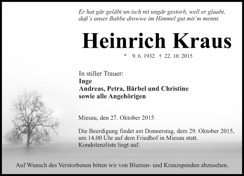  Traueranzeige für Heinrich Kraus vom 27.10.2015 aus saarbruecker_zeitung