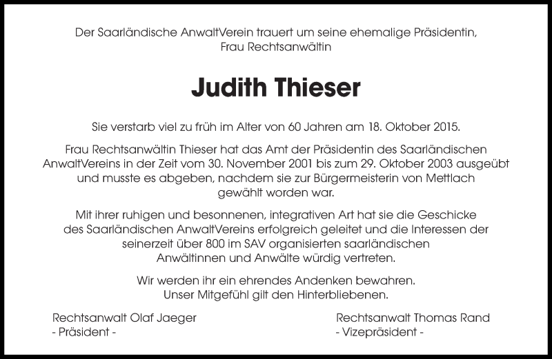  Traueranzeige für Judith Thieser vom 24.10.2015 aus saarbruecker_zeitung