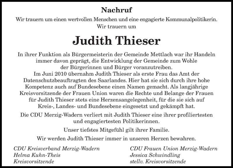  Traueranzeige für Judith Thieser vom 23.10.2015 aus saarbruecker_zeitung