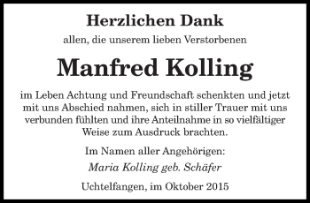 Traueranzeige von Manfred Kolling von saarbruecker_zeitung