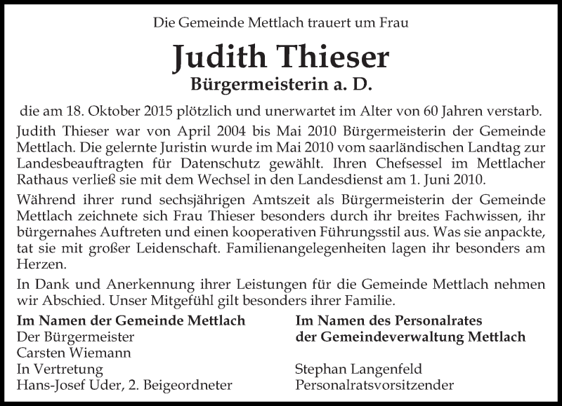  Traueranzeige für Judith Thieser vom 22.10.2015 aus saarbruecker_zeitung