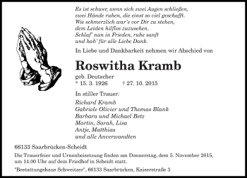 Traueranzeige von Roswitha Kramb von saarbruecker_zeitung