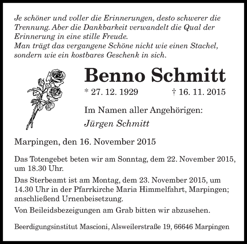  Traueranzeige für Benno Schmitt vom 21.11.2015 aus saarbruecker_zeitung