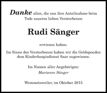 Traueranzeige von Rudi Sänger von saarbruecker_zeitung