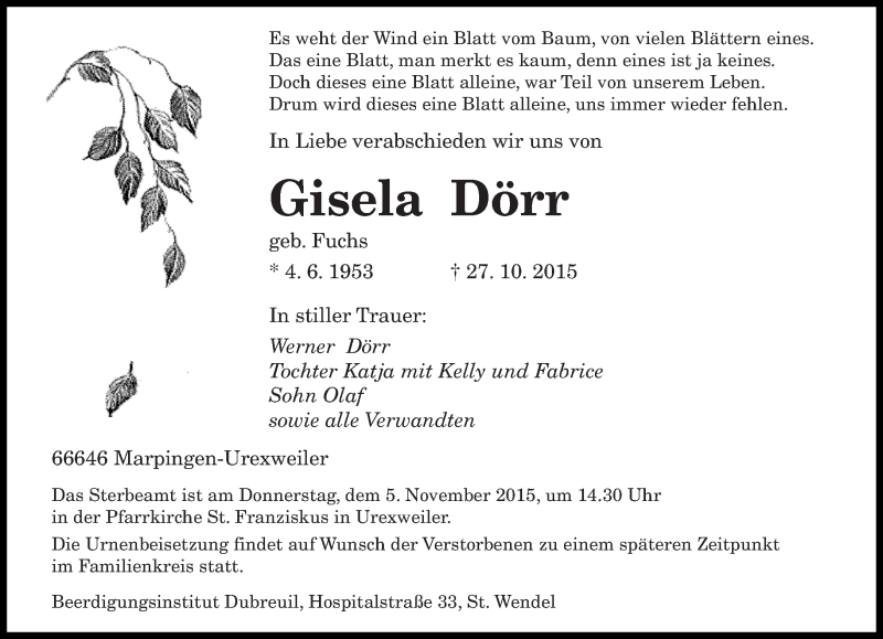  Traueranzeige für Gisela Dörr vom 02.11.2015 aus saarbruecker_zeitung