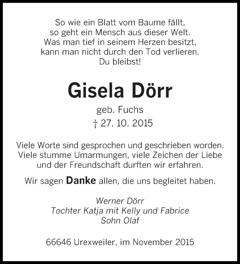 Traueranzeige für Gisela Dörr vom 26.11.2015 aus saarbruecker_zeitung
