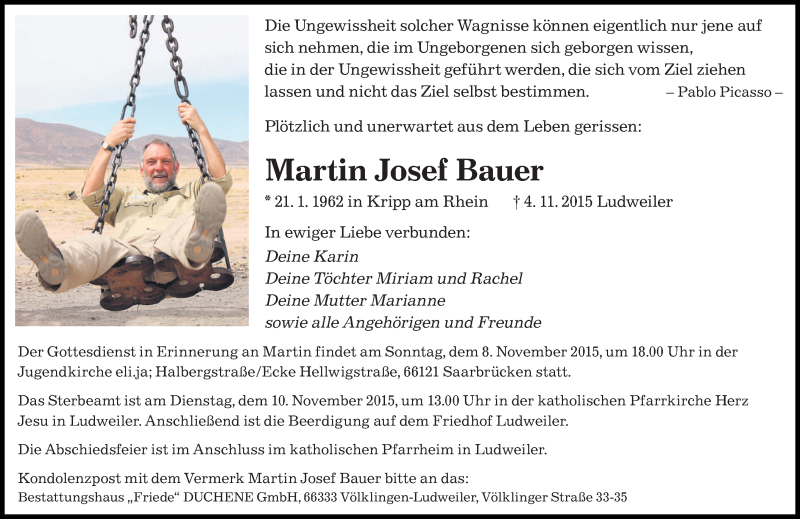  Traueranzeige für Martin Josef Bauer vom 07.11.2015 aus saarbruecker_zeitung