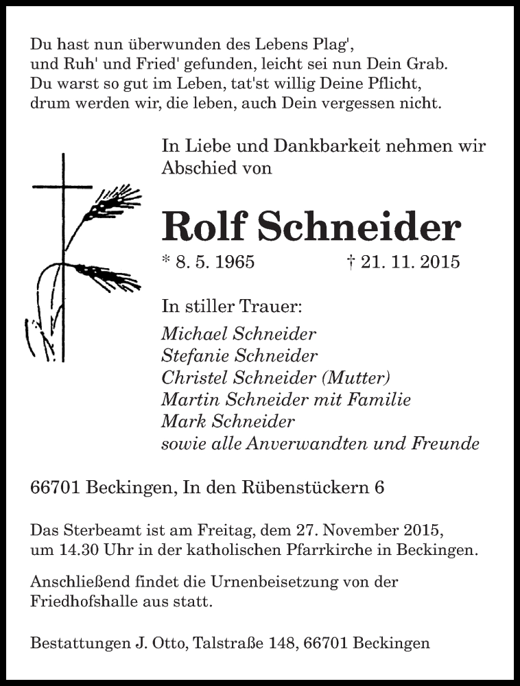  Traueranzeige für Rolf Schneider vom 25.11.2015 aus saarbruecker_zeitung