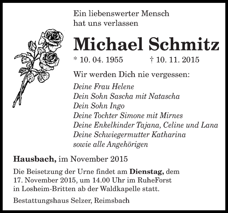  Traueranzeige für Michael Schmitz vom 14.11.2015 aus saarbruecker_zeitung