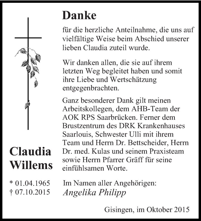 Traueranzeigen Von Claudia Willems Saarbruecker Zeitung Trauer De