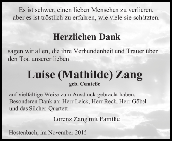 Traueranzeige von Luise Mathilde Zang von saarbruecker_zeitung