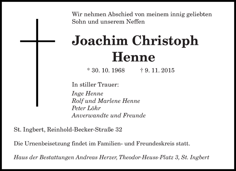  Traueranzeige für Joachim Christoph Henne vom 17.11.2015 aus saarbruecker_zeitung