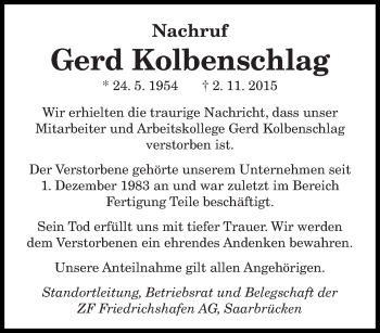 Traueranzeige von Gerd Kolbenschlag von saarbruecker_zeitung