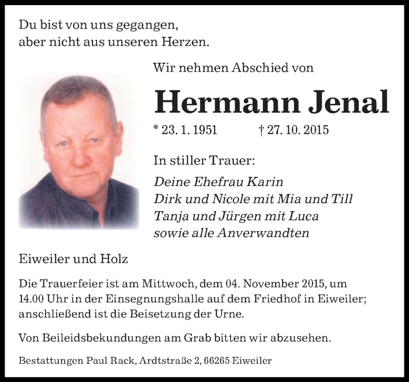  Traueranzeige für Hermann Jenal vom 31.10.2015 aus saarbruecker_zeitung