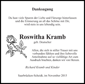 Traueranzeige von Roswitha Kramb von saarbruecker_zeitung