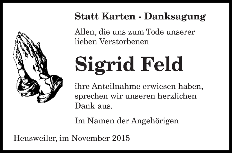 Traueranzeigen Von Sigrid Feld Saarbruecker Zeitung Trauer De