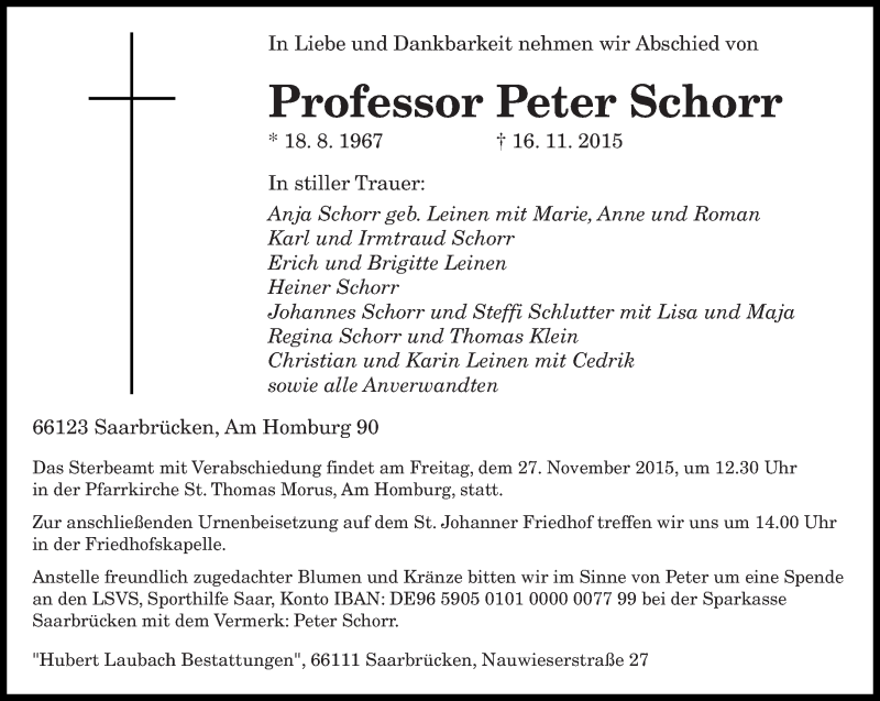  Traueranzeige für Peter Schorr vom 21.11.2015 aus saarbruecker_zeitung