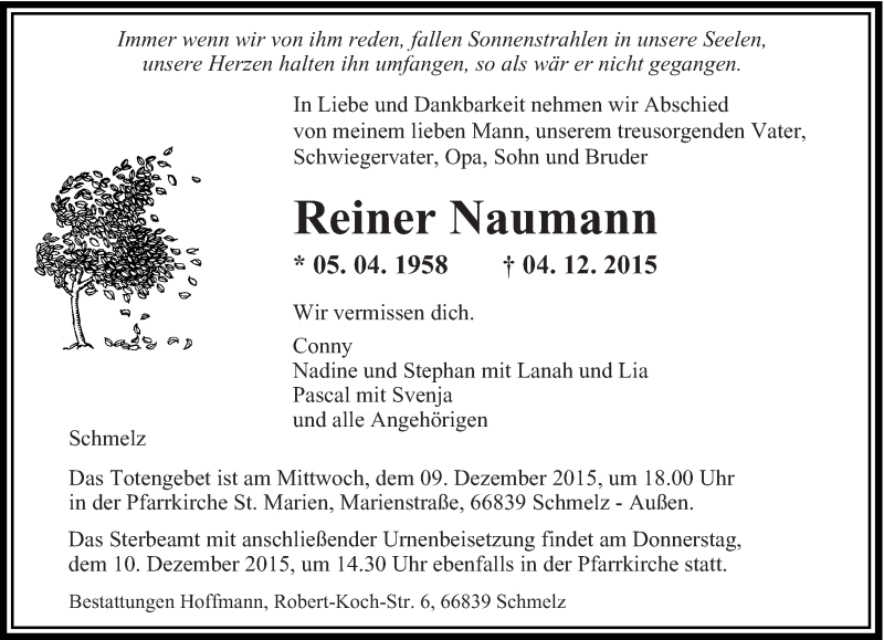  Traueranzeige für Reiner Naumann vom 08.12.2015 aus saarbruecker_zeitung