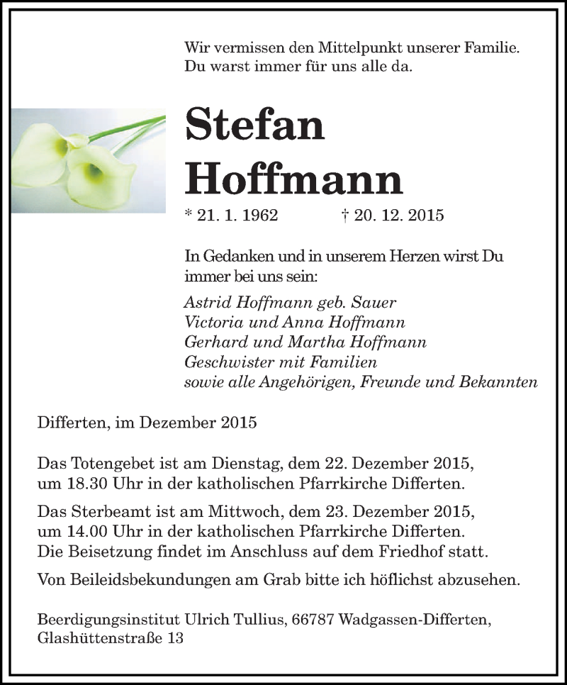  Traueranzeige für Stefan Hoffmann vom 22.12.2015 aus saarbruecker_zeitung