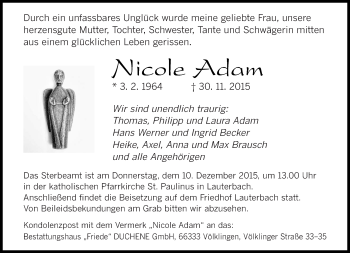 Traueranzeige von Nicole Adam von saarbruecker_zeitung