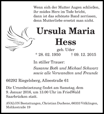 Traueranzeigen Von Ursula Maria Hess Saarbruecker Zeitung Trauer De