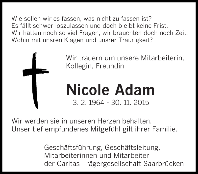  Traueranzeige für Nicole Adam vom 05.12.2015 aus saarbruecker_zeitung