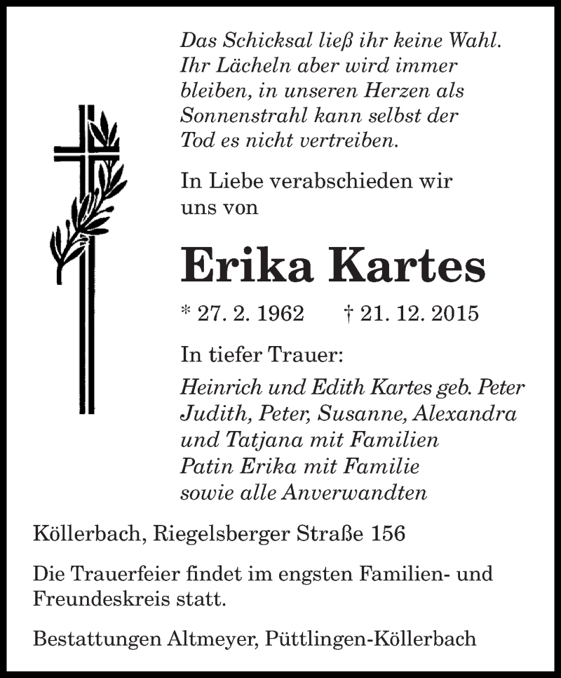 Traueranzeigen Von Erika Kartes Saarbruecker Zeitung Trauer De