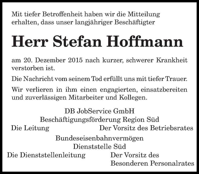  Traueranzeige für Stefan Hoffmann vom 28.12.2015 aus saarbruecker_zeitung