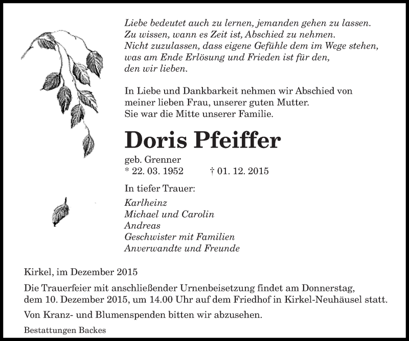  Traueranzeige für Doris Pfeiffer vom 07.12.2015 aus saarbruecker_zeitung