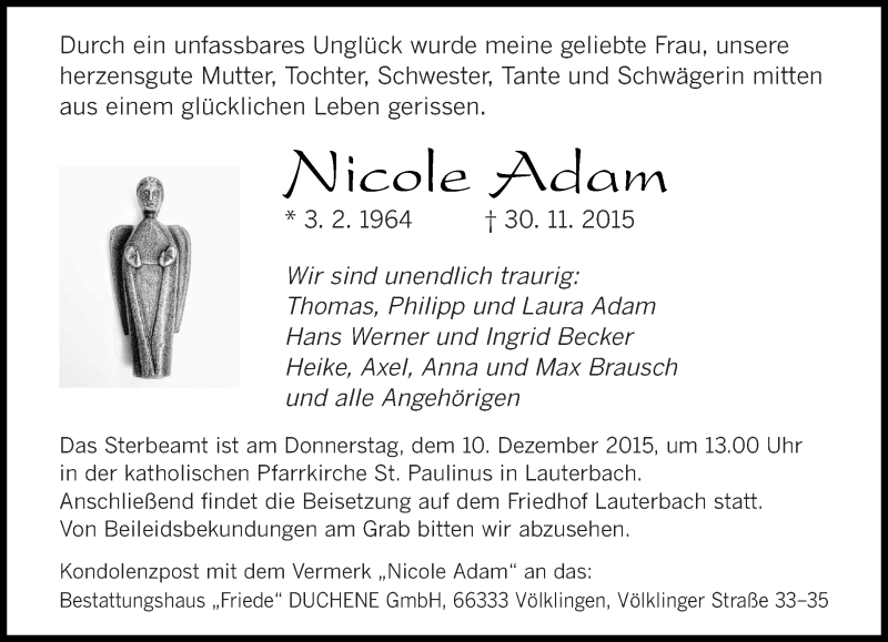  Traueranzeige für Nicole Adam vom 05.12.2015 aus saarbruecker_zeitung