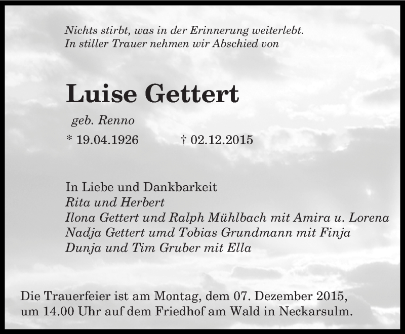  Traueranzeige für Luise Gettert vom 04.12.2015 aus saarbruecker_zeitung