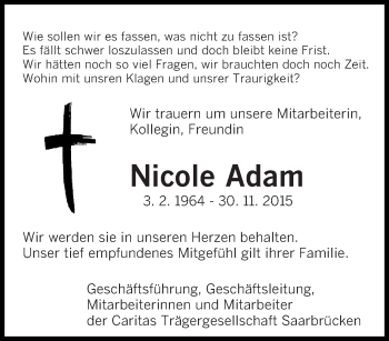 Traueranzeige von Nicole Adam von saarbruecker_zeitung