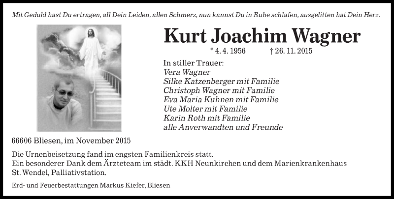  Traueranzeige für Kurt Joachim Wagner vom 05.12.2015 aus saarbruecker_zeitung