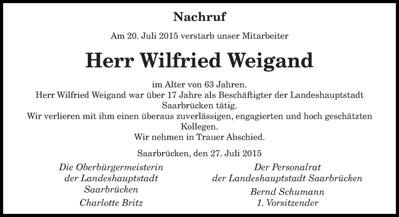  Traueranzeige für Wilfried Weigand vom 30.07.2015 aus saarbruecker_zeitung