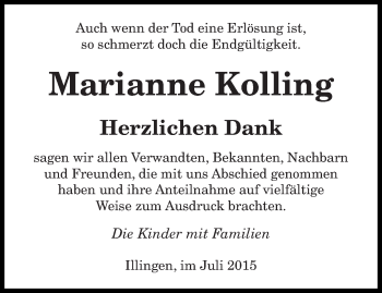 Traueranzeige von Marianne Kolling von saarbruecker_zeitung