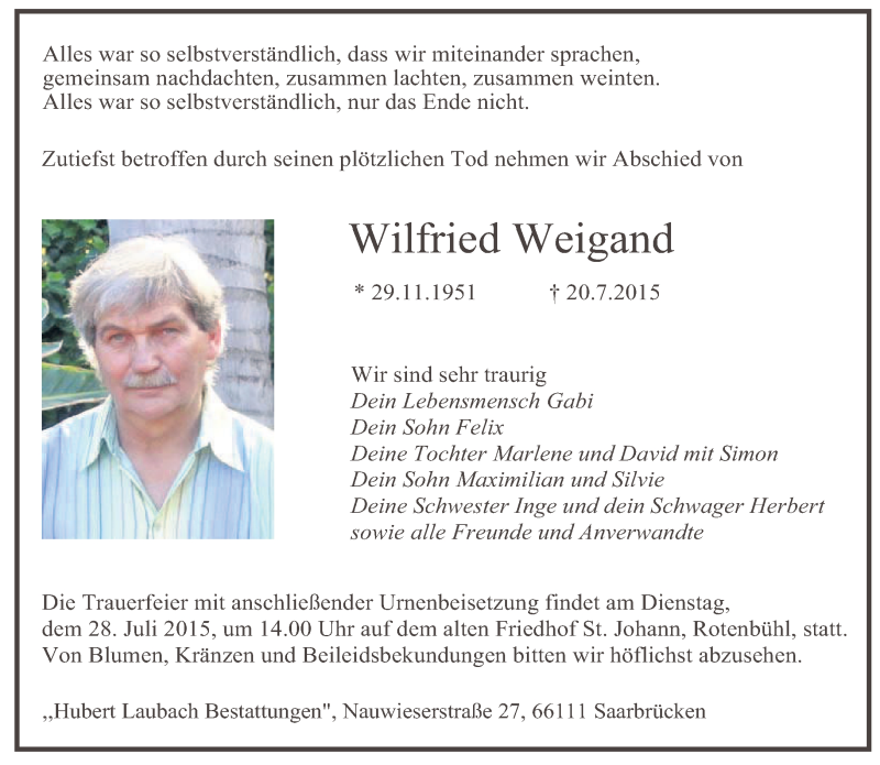  Traueranzeige für Wilfried Weigand vom 25.07.2015 aus saarbruecker_zeitung