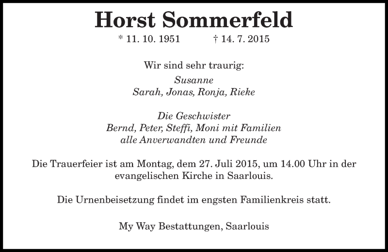  Traueranzeige für Horst Sommerfeld vom 23.07.2015 aus saarbruecker_zeitung