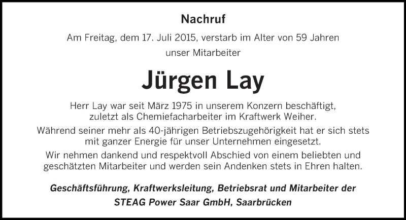  Traueranzeige für Jürgen Lay vom 25.07.2015 aus saarbruecker_zeitung