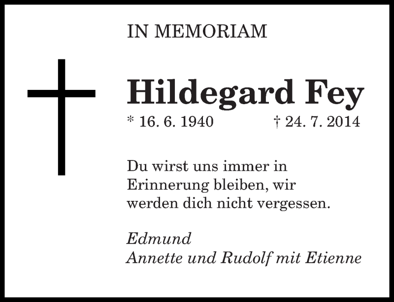  Traueranzeige für Hildegard Fey vom 25.07.2015 aus saarbruecker_zeitung