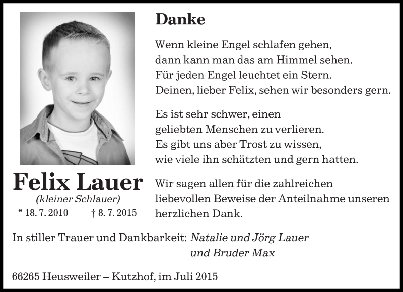  Traueranzeige für Felix Lauer vom 18.07.2015 aus saarbruecker_zeitung