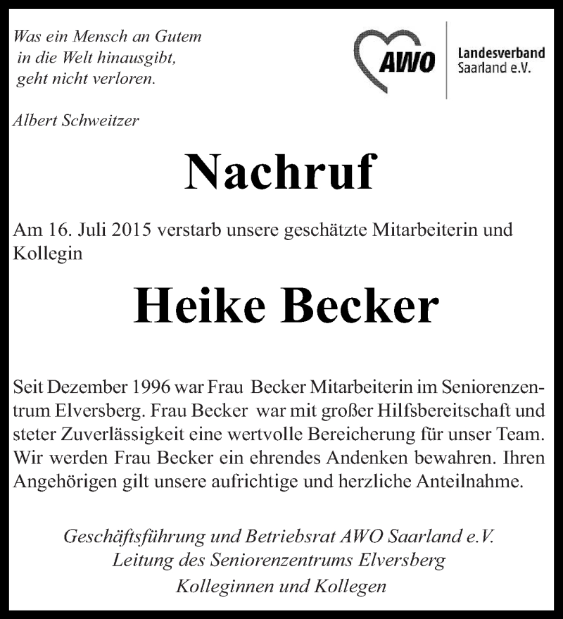  Traueranzeige für Heike Becker vom 25.07.2015 aus saarbruecker_zeitung