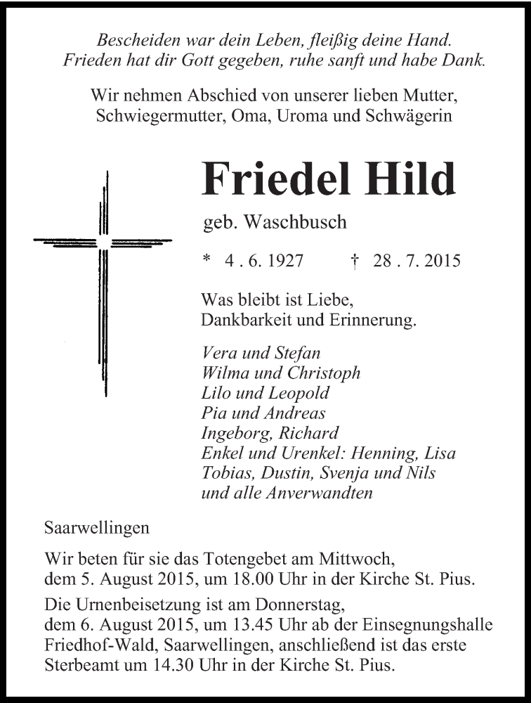  Traueranzeige für Friedel Hild vom 03.08.2015 aus saarbruecker_zeitung