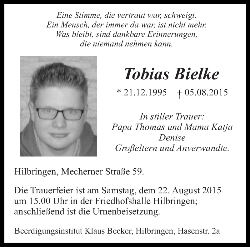  Traueranzeige für Tobias Bielke vom 12.08.2015 aus saarbruecker_zeitung