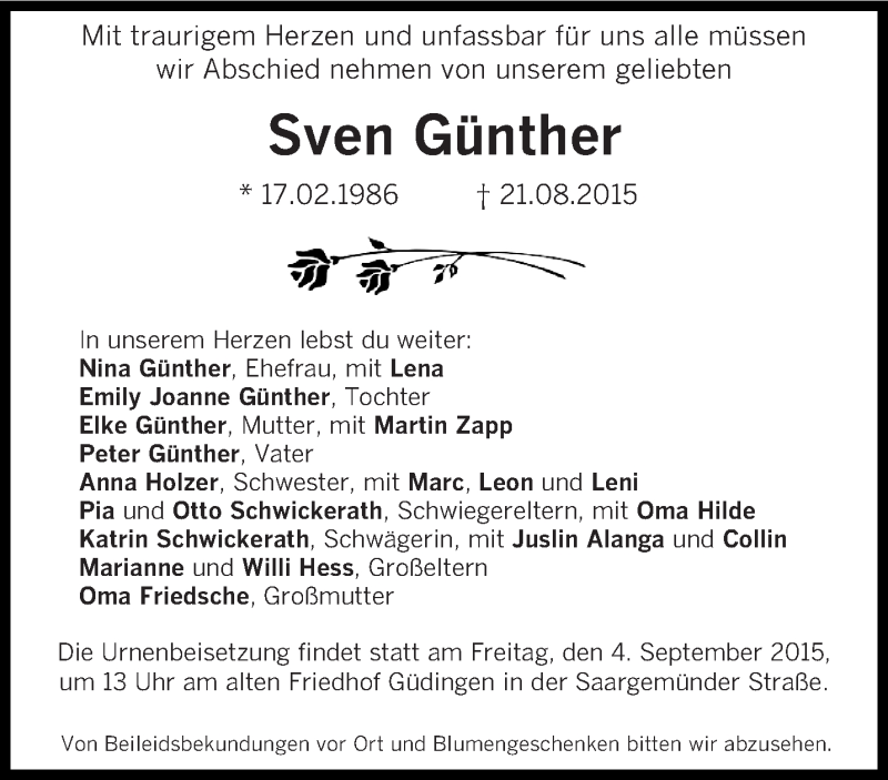  Traueranzeige für Sven Günther vom 28.08.2015 aus saarbruecker_zeitung